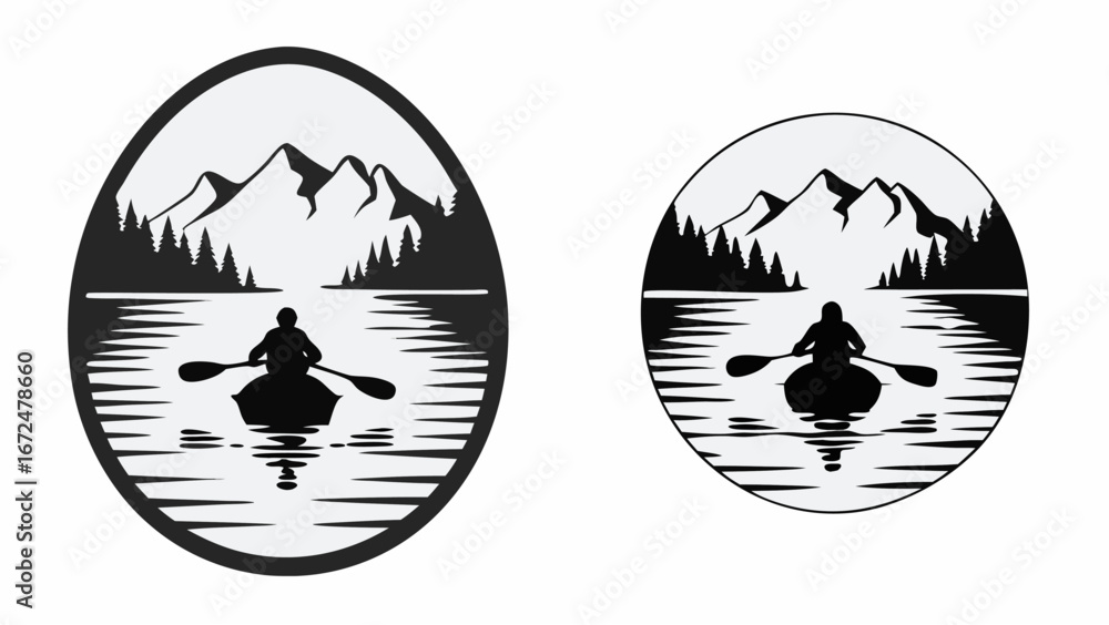 Poster silhouette of a person canoeing on a lake with mountains and trees in the background in two shapes |