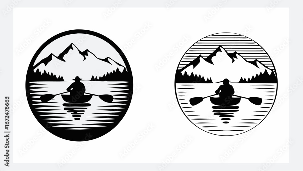 Poster two circular designs featuring a person in a canoe on a lake with mountains in the background art st