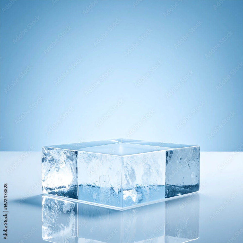 Poster studio shot of a transparent ice cube with reflection on a blue background