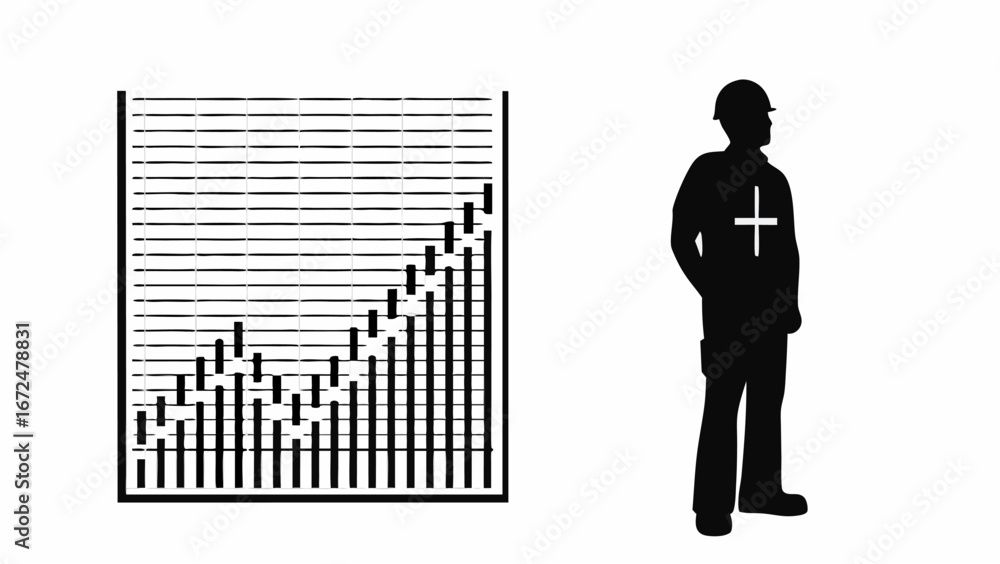 Poster silhouette of a construction worker next to a bar graph showing an upward trend in black and white |