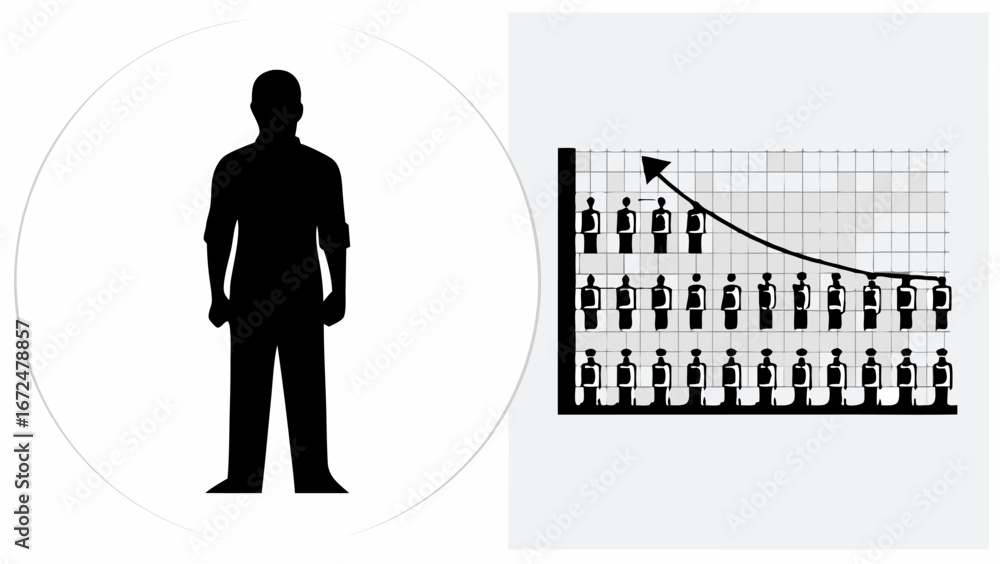 Poster silhouette of a person inside a circle next to a graph showing an upward trend with human figures | 
