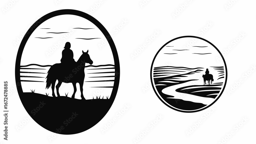 Poster silhouette of a rider on horseback in oval frame with landscape and river scene in a circular design