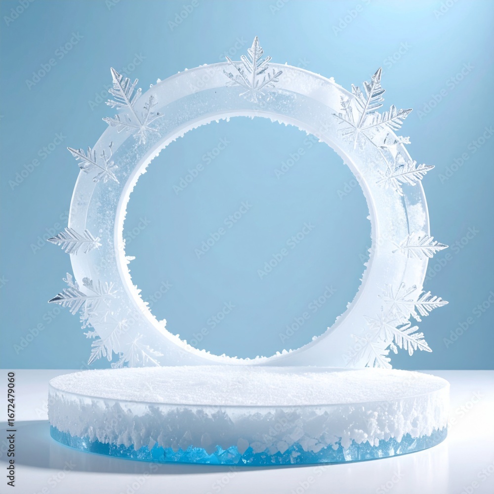 Poster snowy ice ring and platform display with blue background for product display