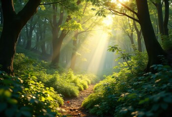 Obraz premium lush forest canopy soft sunlight beams nature serenity greenery wilderness, leaves, trees, undergrowth, shadow, flora, vegetation, branches, sunbeam