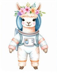 Fototapeta premium Watercolor Llama Astronaut with Floral Crown in Space Suit Illustration on White Background