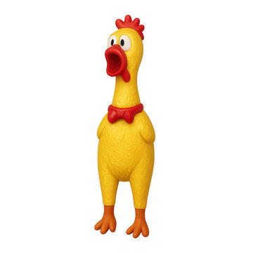 Squeaky rubber chicken novelty toy, upright view; PNG transparent.
