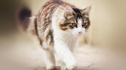 A fluffy cat with striking markings walks gracefully toward the camera in soft light.