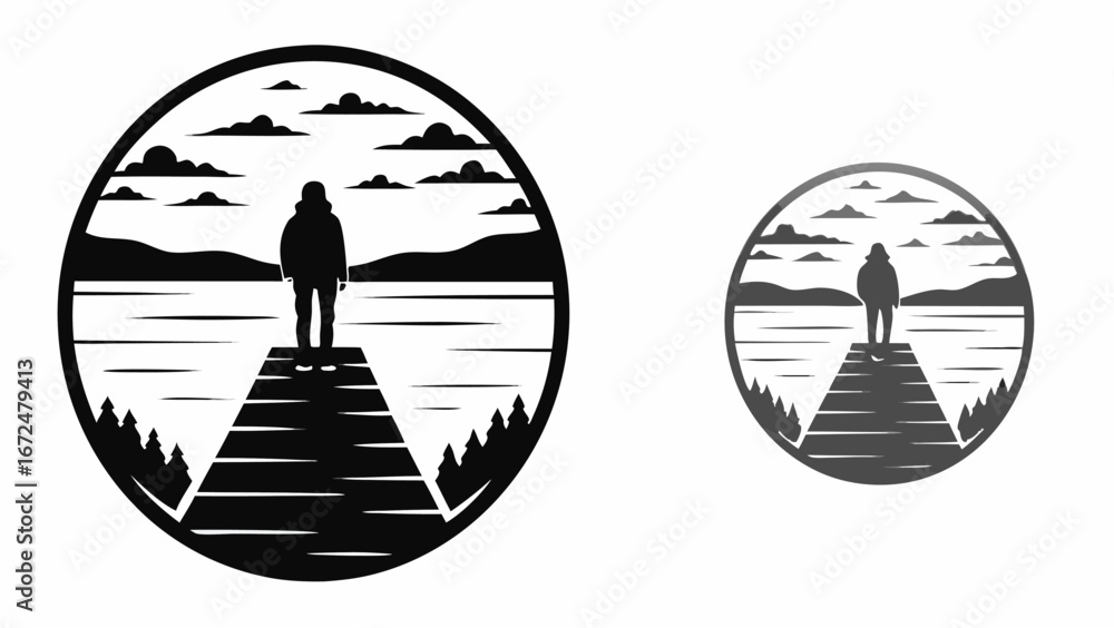 Poster silhouette of a person standing on a dock overlooking a lake with mountains and clouds in the backgr