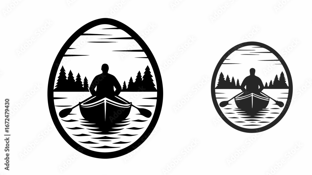 Aufkleber silhouette of a person rowing a boat on a lake surrounded by trees inside an oval frame design eleme