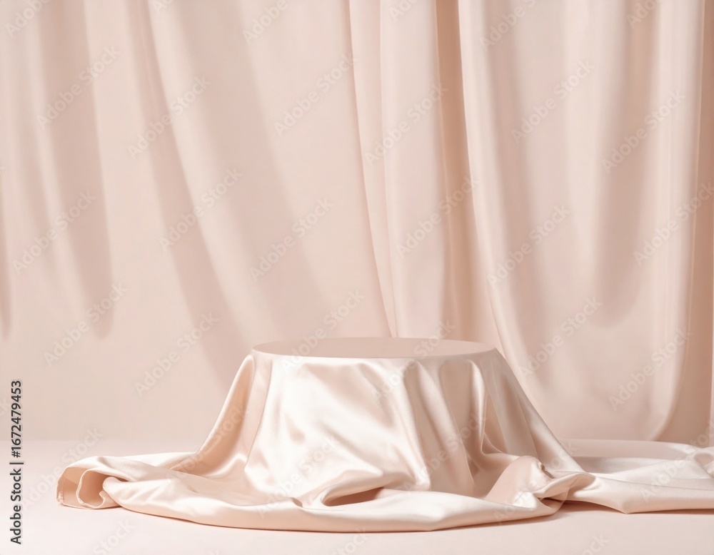 Poster elegant beige satin fabric draping over round table creating a soft luxurious background