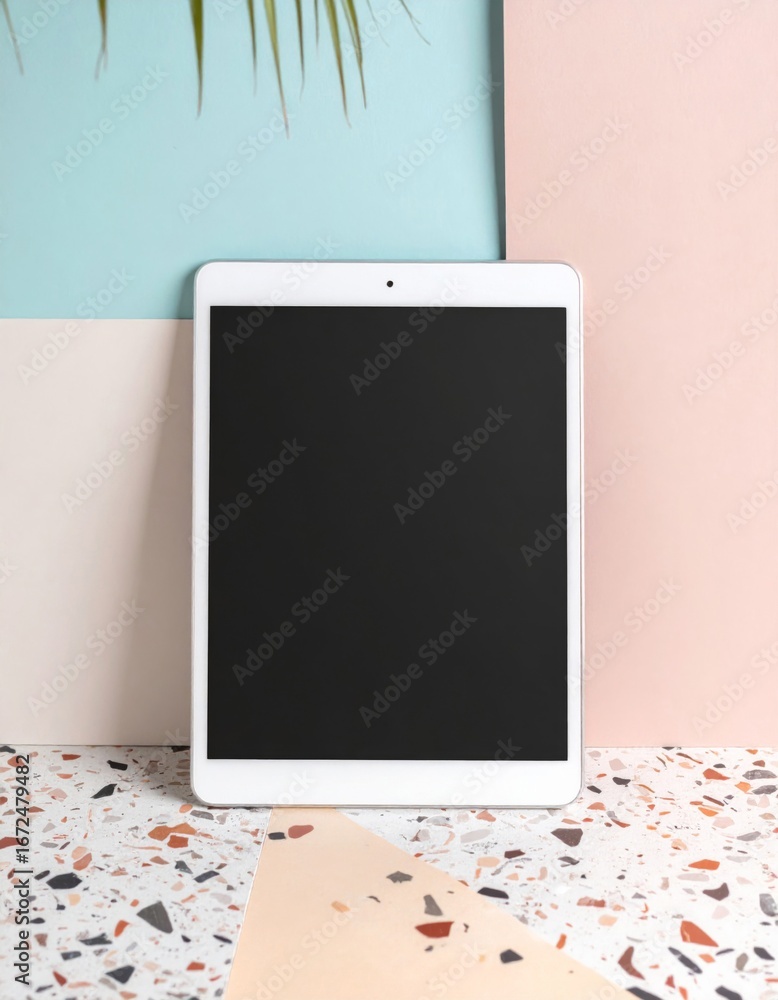 Poster white framed tablet device with blank screen on terrazzo background with pastel blocks and palm leaf