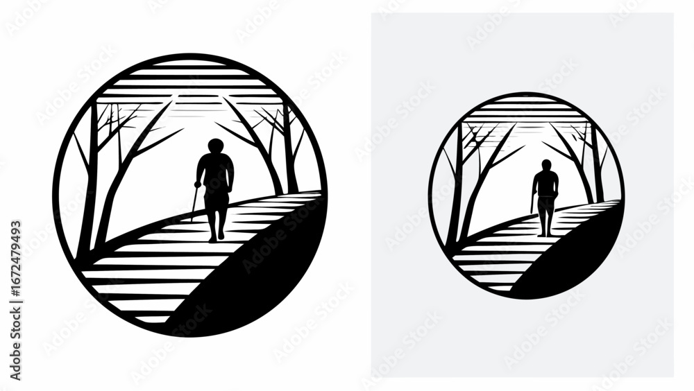 Aufkleber silhouette of a person walking with a cane on a path through trees inside a circle illustration art 