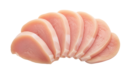 Closeup of sliced raw chicken breast isolated on transparent background, highlighting its freshness, texture, and suitability for various culinary preparations and healthy meals