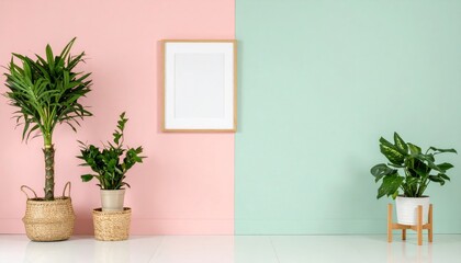 Fototapeta premium Plants with Empty Frame on Split Pastel Pink and Mint Green Wall Background