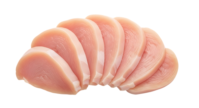 Closeup of sliced raw chicken breast isolated on transparent background, highlighting its freshness, texture, and suitability for various culinary preparations and healthy meals