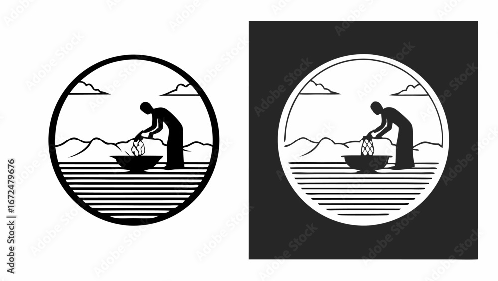 Poster silhouette of a person fishing with a net in a bowl with mountains and clouds in the background scen