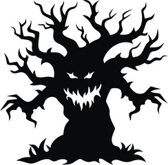 Creepy haunted tree silhouette with spooky branches isolated on white background isolated on transparent background