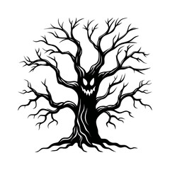 Obraz premium Spooky halloween illustration of a gnarled bare tree with a carved jack o lantern face isolated on white background isolated on transparent background
