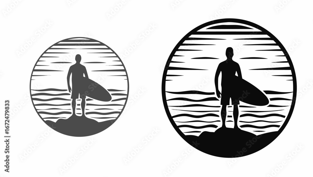 Aufkleber silhouette of surfer standing on beach with surfboard in circular design with ocean waves view | edi