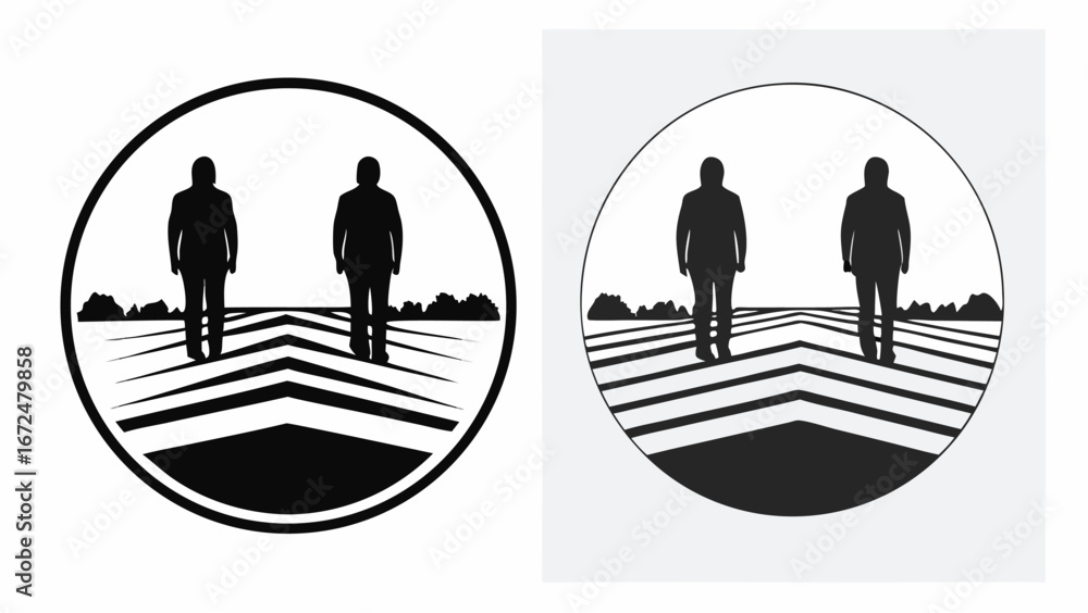 Poster two shadowed figures standing on a striped path inside a circle with trees in the background design 