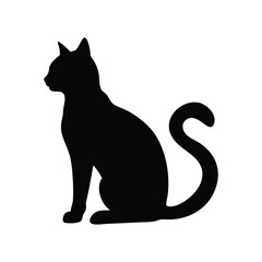 Black silhouette of a sitting cat with a curled tail isolated on white background isolated on transparent background