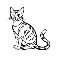 A charming black and white line drawing of a striped tabby cat sitting attentively isolated on white background isolated on transparent background