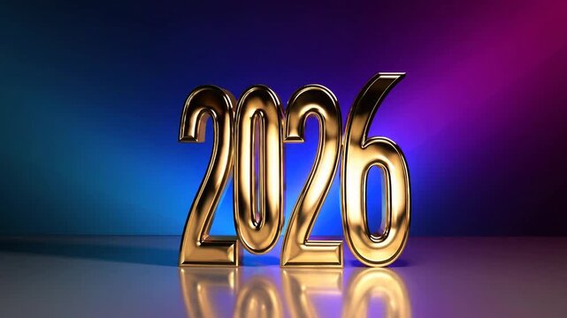 The year 2026 in metallic gold hue on multicolored backdrop with mirror effects