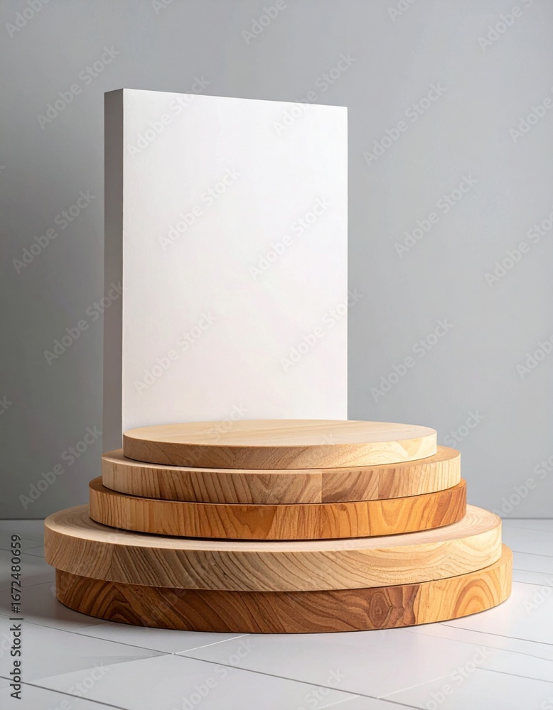 Poster wooden circular podium stack with a white block on a textured gray surface