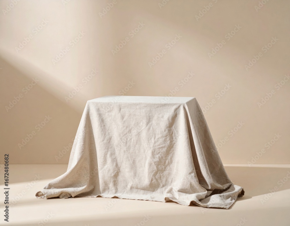 Poster draped fabric covers a table in soft beige tones with simple shadow background