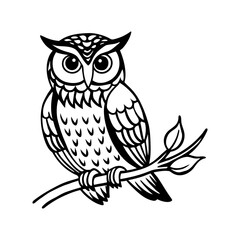 Detailed black and white illustration of a wise owl perched on a tree branch isolated on white background isolated on transparent background