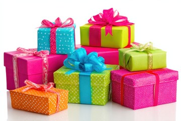 Fototapeta premium Colorful gift boxes with ribbons in various sizes perfect for celebrations