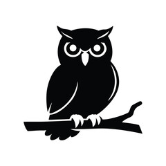 A striking black silhouette of an owl perched on a branch isolated on white background isolated on transparent background