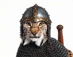 Fototapeta premium Lynx Wearing Medieval Knight Helmet and Chainmail with Sword on White Background