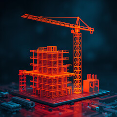 Orange neon construction crane and building on circuit board architecture technology