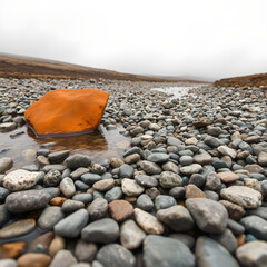 Orange rock in shallow water surrounded by grey river stones pebble gravel