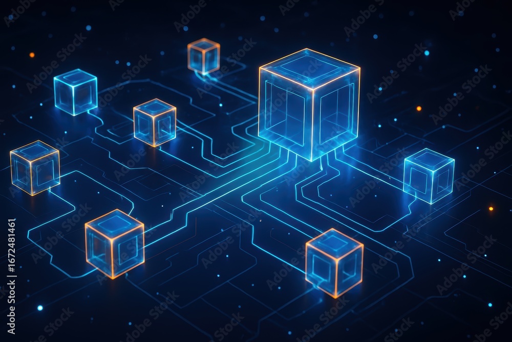 Poster digital cubes and circuitry: an illustration depicting interconnected digital cubes, linked by illum
