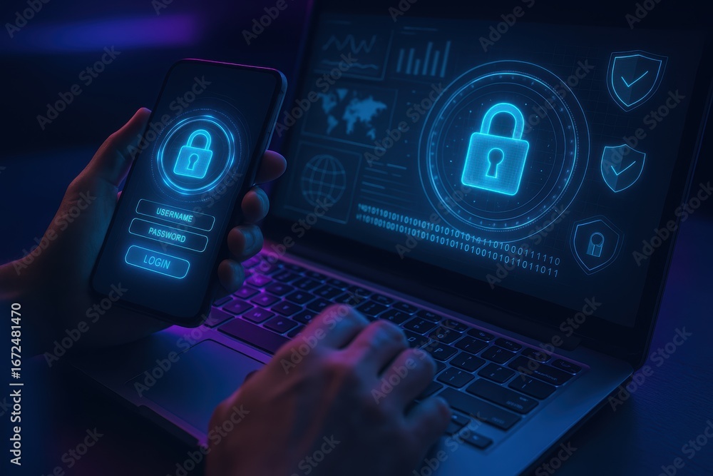 Aufkleber digital security: a person interacts with smartphone and laptop, both displaying a glowing lock icon