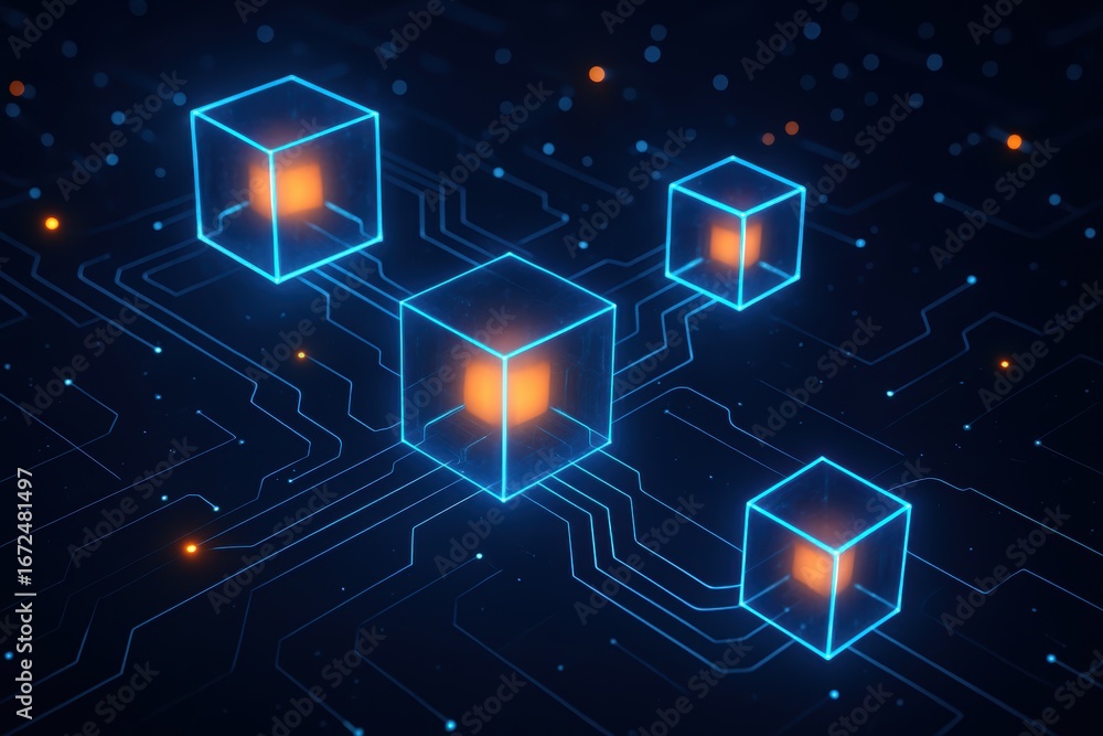 Poster digital cubes: a captivating composition featuring four luminous digital cubes interconnected by an 