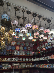 shop with oriental souvenirs, decorative elements, lamps, dishes
