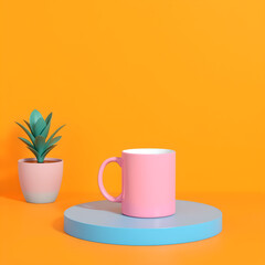 Pink mug and green plant on blue podium orange background drink beverage