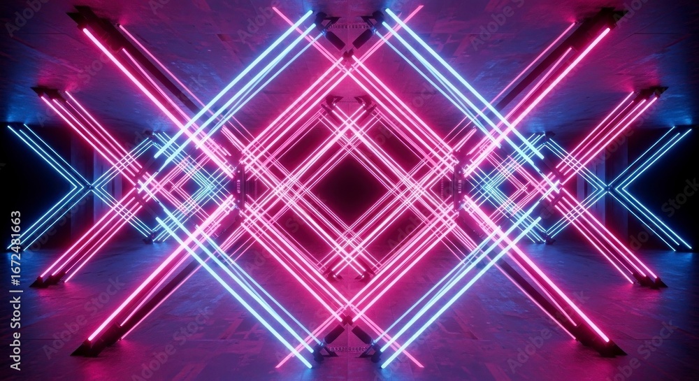 Aufkleber a vibrant, futuristic tunnel is illuminated by intersecting neon lines of fuchsia and azure.