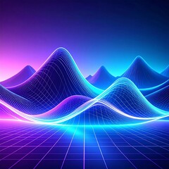 Synthwave Landscape with Neon Grid Mountain Against Gradient Purple and Blue Background