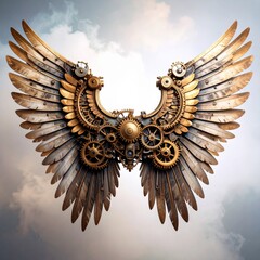 Fototapeta premium Mechanical Wings with Gears and Cogwheels on Clouds Background in Bronze and Metallic Tones