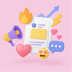 3d viral content concept with social media icons, heart, fire, megaphone, chat bubble, and growth arrow on pastel background for digital marketing vector illustration