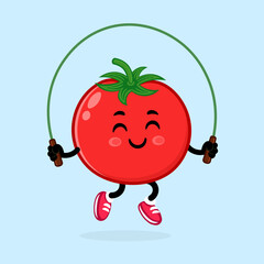 A cartoon tomato happily jumps rope, promoting healthy habits and fun activities.