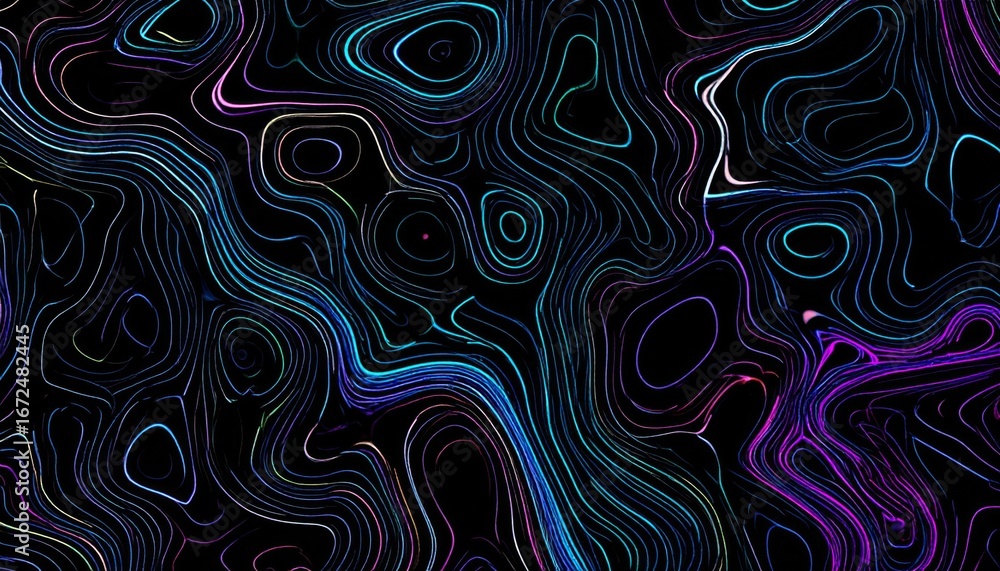 Poster abstract topographic map with vibrant swirls and dynamic contour lines on black backdrop