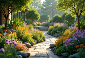 Fototapeta premium vibrant native plant garden excelling biodiversity colorful flora eco friendly habitat nature, human, landscape, greenery, flower, vegetation, ecosystem
