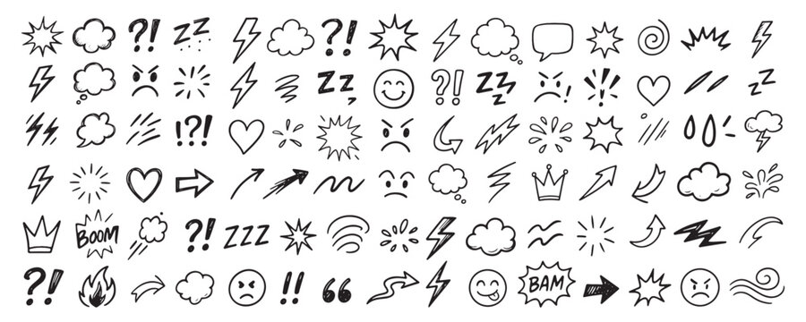 Hand drawn comic art doodle set with cartoon emoticons, arrows, hearts, clouds, and expressive marks, perfect for creative design projects, isolated on white background vector illustration