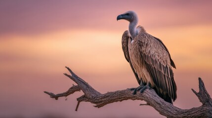 Fototapeta premium A large vulture is perched on a tree branch as the sun sets, casting warm hues in the sky. The bird surveys the tranquil surroundings, highlighting its impressive wingspan and keen gaze