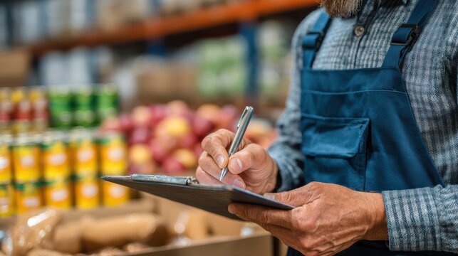 A worker wearing a blue apron is taking notes on a clipboard while surrounded by boxes of food items in a busy grocery warehouse during the afternoon